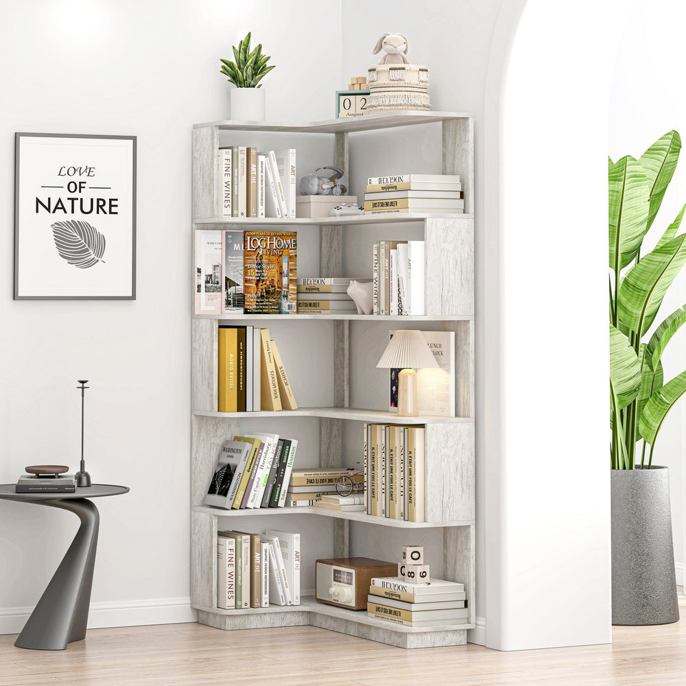 English Elm 90cm L-shaped Corner Bookcase Five Tier Open Shelving Unit for Home Office W2899P444149