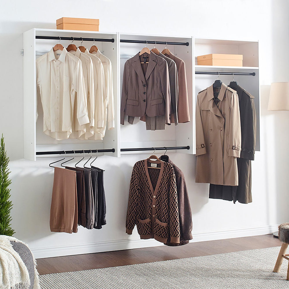 English Elm Devi White Wall Mounted Wood Closet System — Durable Melamine Oak Finish, Modular Storage, Easy Assembly, Heavy-Duty Brackets B040S00110