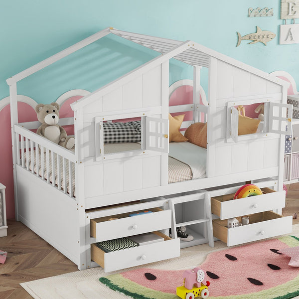 English Elm Full Size House Loft Bed With Roof & Windows, 4 Storage Drawers, Pine Wood, Safe Guardrails & Ladder W504S00242