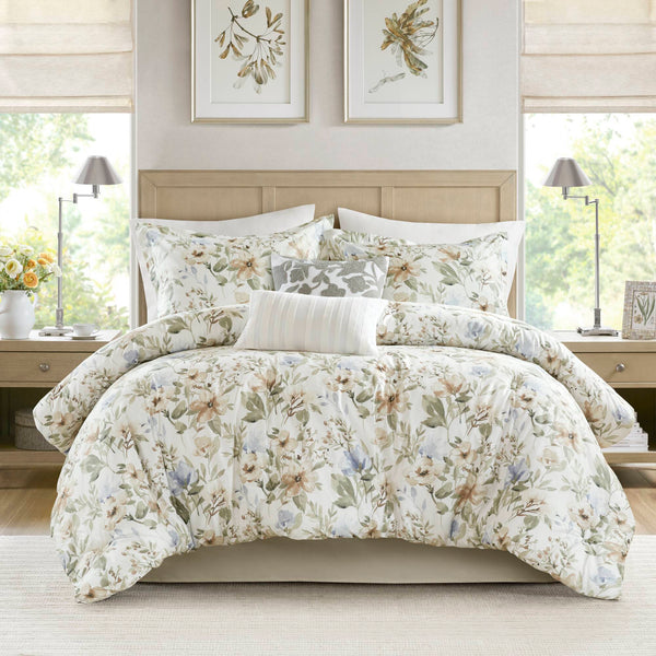 English Elm 6PCS Cal King Cotton Sateen Comforter Set – 300TC Luxury Print, 300gsm Cozy Fill, Bedskirt & Decor Pillows Included B035P341177