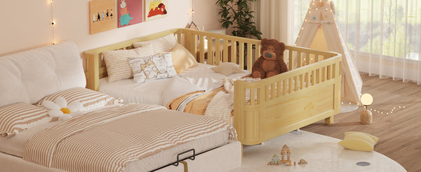 English Elm Queen Low Profile Pine Wood Kids Platform Bed with Guardrails and Rounded Safety Posts Natural W2593P409123