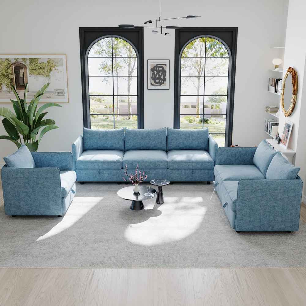 English Elm Modular Sectional Sofa Set with Hidden Storage Pocket Spring Living Room Couch Antique Blue W680S00140