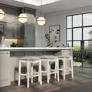 English Elm 31in. Farmhouse Whitewash Hardwood Barstool Nailhead Upholstered Seat Kitchen Island Accent White B2751P436419