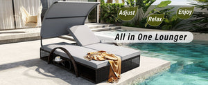 English Elm U_style Outdoor Double Sun Lounger Hdpe Wicker Steel Frame with Canopy Pop up Tables Gray WY000485AAE