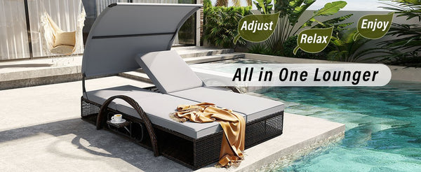English Elm U_style Outdoor Double Sun Lounger Hdpe Wicker Steel Frame with Canopy Pop up Tables Gray WY000485AAE