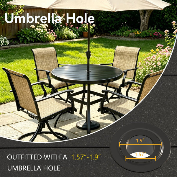 English Elm Outdoor Round Dining Set for Four with Mesh Swivel Chairs and Umbrella Hole Table W213S00058
