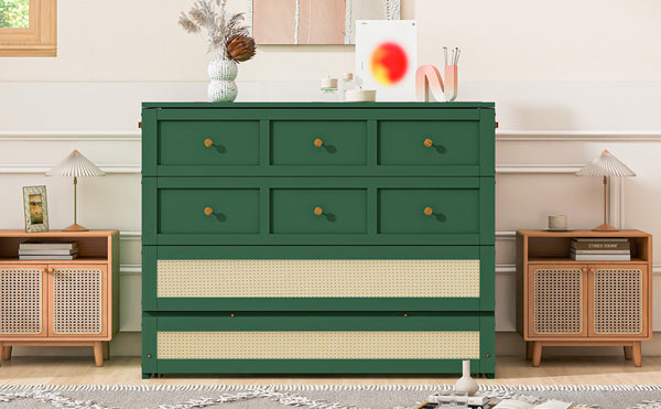English Elm Full Size Murphy Wall Bed Cabinet with Rattan Panel Detailing and Storage Drawers Green N708P336203F