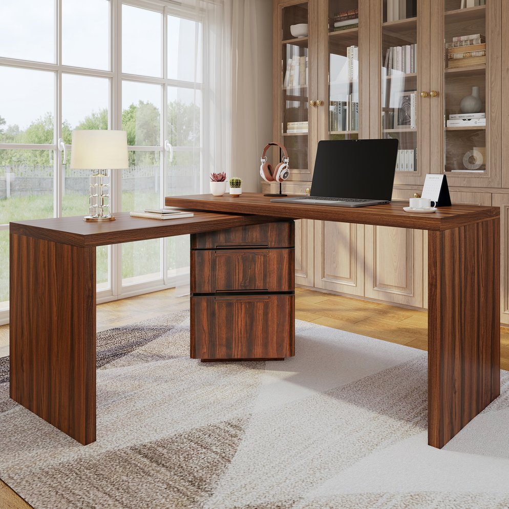 English Elm 90" Rotating L-shape Executive Desk Natural Melamine Mdf Surface Three Drawers Home Office Walnut N751S383638W