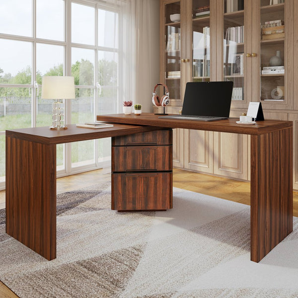English Elm 90" Rotating L-shape Executive Desk Natural Melamine Mdf Surface Three Drawers Home Office Walnut N751S383638W