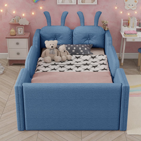 English Elm Twin Kids Platform Bed Teddy Fabric Upholstered with Bunny Cushions and Safety Rails Blue W2593P395808