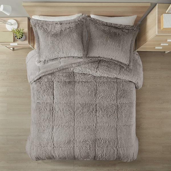JLA Home Intelligent Design - Shaggy Luxe Faux Fur Comforter Mini Set for Cozy Layering with Plush Reverse & High-Pile Texture Grey ID10-1697
