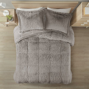 JLA Home Intelligent Design - Shaggy Lux Faux Fur Comforter Mini Set with Plush Reverse for Cozy Layering and Modern Texture Grey ID10-1698