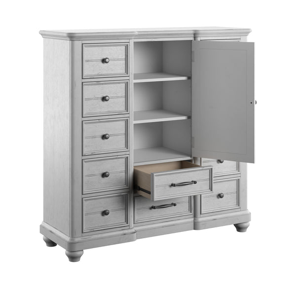 English Elm Wallace & Bay - Gray 12-Drawer Master Chest With Cabinet — Coastal Farmhouse Wood Dresser, Soft Gray Finish, 56" H B361P384422