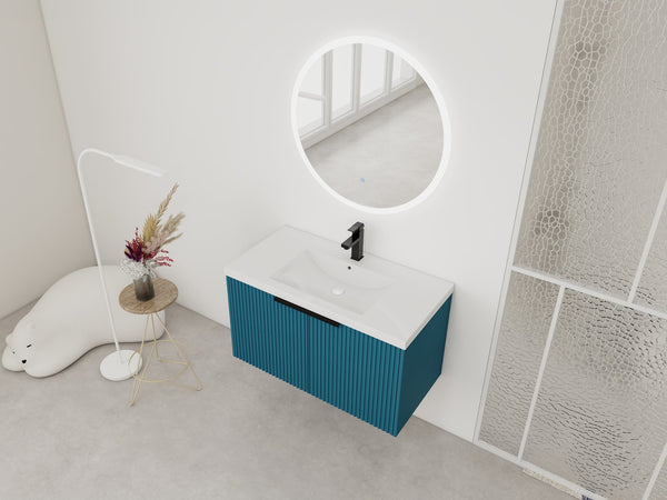 English Elm 36" Floating Bathroom Vanity with Resin Sink, Wavy Doors, Soft-Close Hinges & Durable Plywood Finish Lake Blue W999P251809
