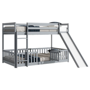 English Elm Twin Over Twin Floor Bunk Bed With Slide, Ladder, Safety Guardrails - Charming Grey Pine Wood Design W504S00189-GIGA