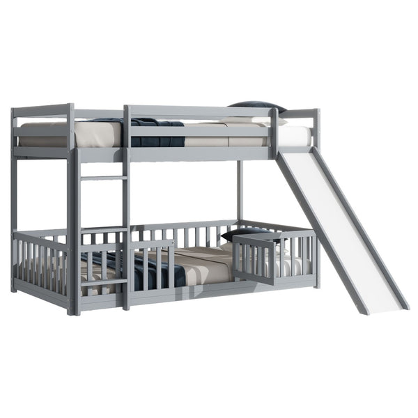 English Elm Twin Over Twin Floor Bunk Bed With Slide, Ladder, Safety Guardrails - Charming Grey Pine Wood Design W504S00189-GIGA