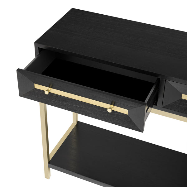 English Elm Trexm Retro Modern Console Table Two Drawers Geometric Matte Black Gold Entryway N715P227910B