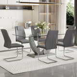 7-Piece Dining Set: Glass-Top Table & 6 Faux Leather Chairs with Metal Legs