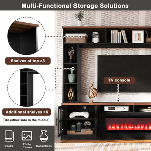 English Elm U-can Modern Farmhouse Wall Unit with Electric Fireplace Bookshelves and Glass Cabinet Doors Black+Brown SJ000153AAAB