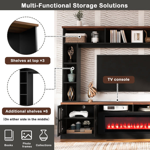 English Elm U-can Modern Farmhouse Wall Unit with Electric Fireplace Bookshelves and Glass Cabinet Doors Black+Brown SJ000153AAAB