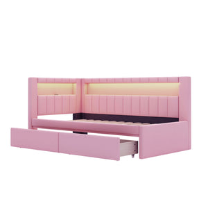 English Elm Upholstered Twin Platform Bed with USB Ports, LED Light Belt, Linen Backrest & 2 Storage Drawers Pink DL001926AAH