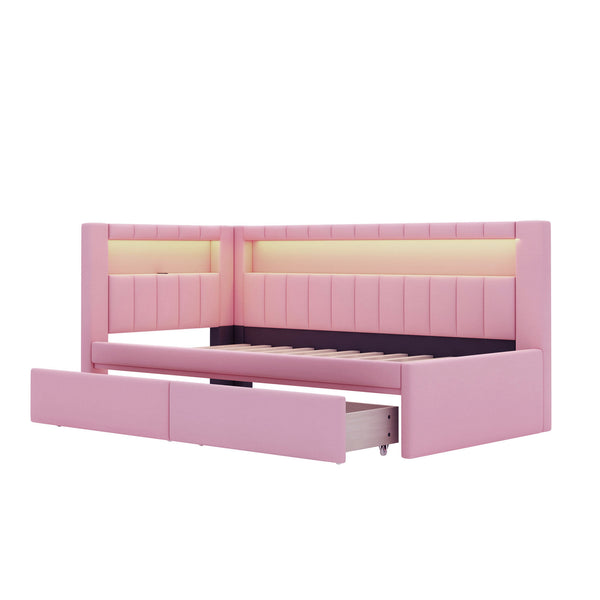 English Elm Upholstered Twin Platform Bed with USB Ports, LED Light Belt, Linen Backrest & 2 Storage Drawers Pink DL001926AAH