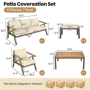 English Elm 6-piece Outdoor Conversation Set with Acacia Wood Accents and Steel Frame Patio Seating Brown,Cream Beige N704G201256A