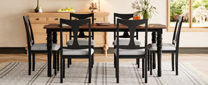 English Elm 7-piece Oak Veneer Extendable Dining Set with 6 Upholstered Chairs for Farmhouse Kitchens Black+Brown N752S100030B