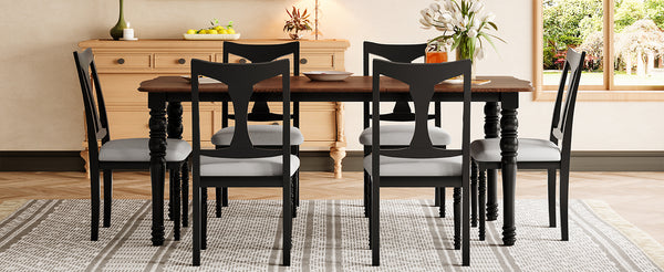 English Elm 7-piece Oak Veneer Extendable Dining Set with 6 Upholstered Chairs for Farmhouse Kitchens Black+Brown N752S100030B