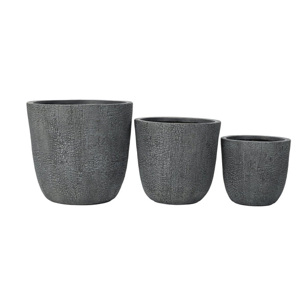 English Elm U_style Mgo Round Planters Set of Three Crackle Stone Texture Patio Garden Pots Gray N711P406660E