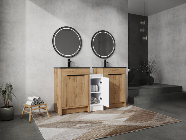 English Elm 60 Inch Freestanding Bathroom Vanity With Black Sink, Soft-Close Doors & Ample Storage Space W999S00322