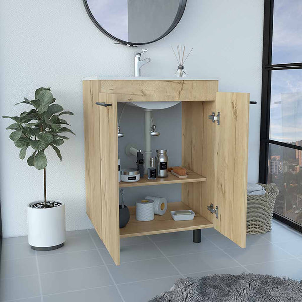 English Elm Free Standing Sink Cabinet Light Oak Beige, 23.8" Engineered Wood Vanity with Sink, 2 Shelves, FSC Compliance B097S00152