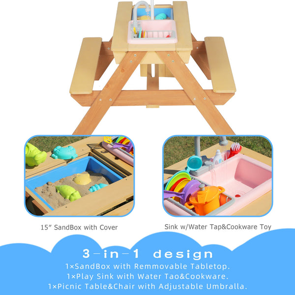 English Elm Wooden Cedar Kids Activity Table with Shade Umbrella for Backyard Sand and Water Play W2640P454242