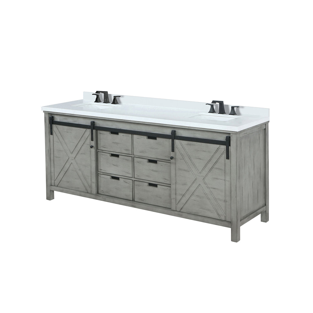 English Elm Ash Grey Double Bath Vanity 84" W X 22" D With White Quartz Top & Matte Black Faucet For Luxury Style B2731P260175
