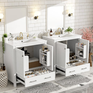 English Elm Modern 48 Inch Freestanding Bathroom Vanity Dual Ceramic Sinks Soft Close Gold Handles White N729P000001K
