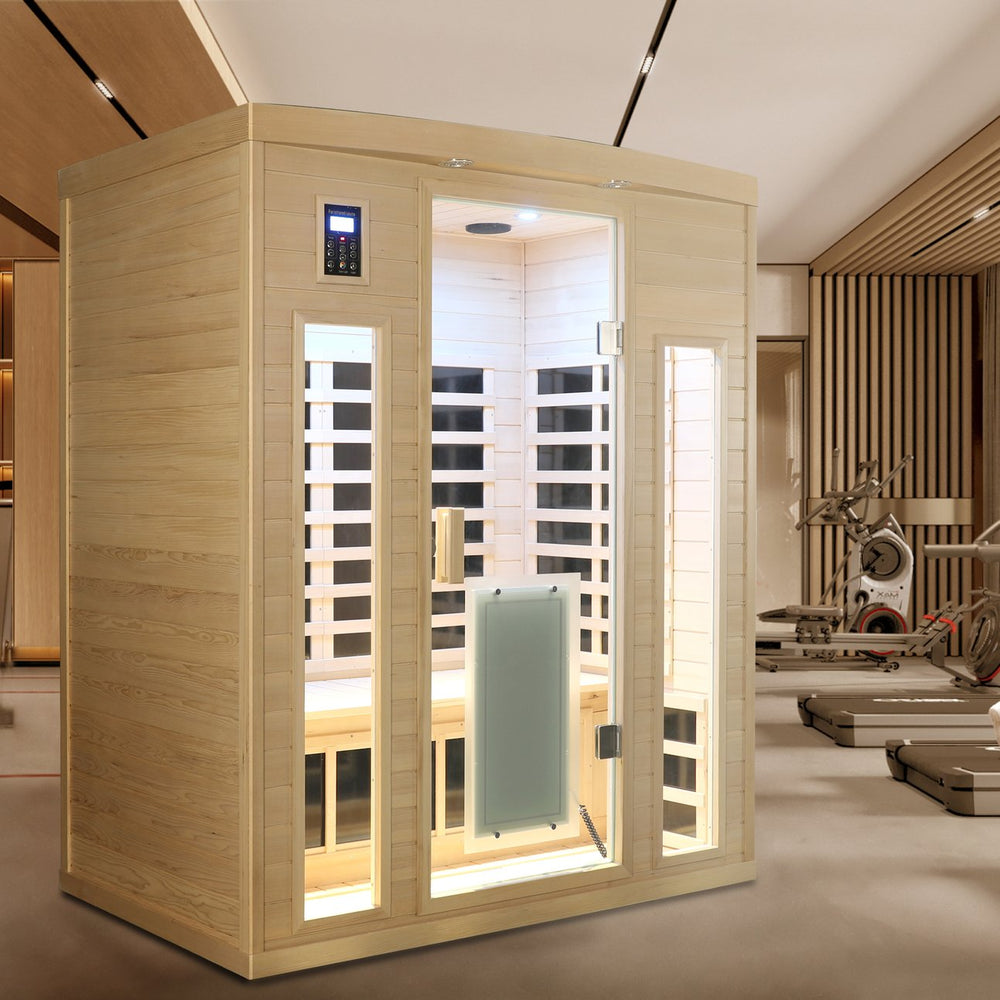 English Elm Low Emf Far Infrared Three Person Hemlock Sauna with Glass Door Heating Panels W632S00030