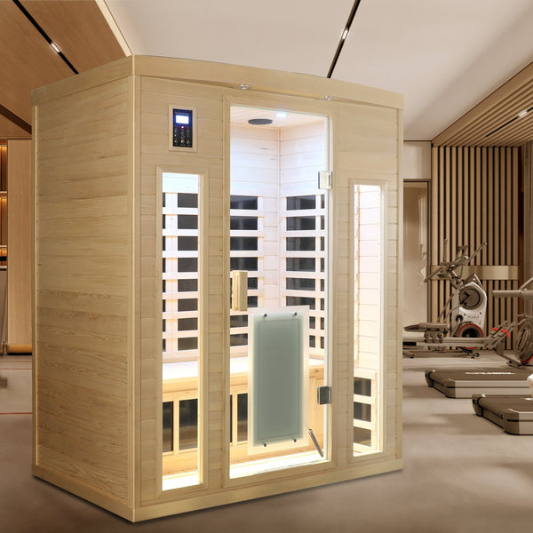 English Elm Low Emf Far Infrared Three Person Hemlock Sauna with Glass Door Heating Panels W632S00030