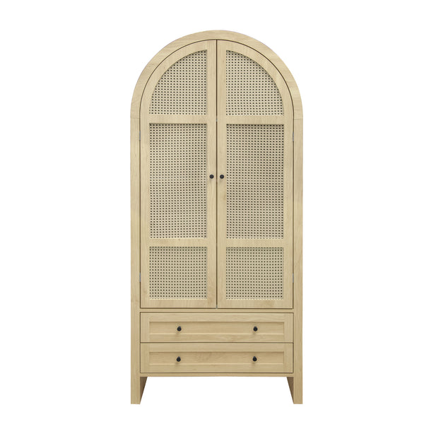 English Elm 70.28" Tall Arched Kitchen Pantry - Elegant Storage Cabinet With Adjustable Shelves & Rattan Door Design W688P204449