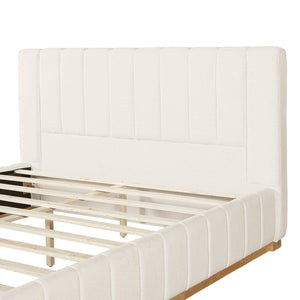 English Elm Modern, Quilted Upholstered Queen Bed Rubberwood Frame Beige Fabric Striped Headboard N769Q360699A