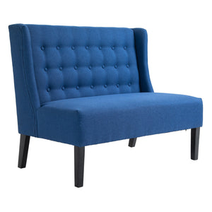 English Elm HOMCOM Mid-Century Wingback Loveseat Linen Upholstered Button-Tufted Two-Seater Sofa with Wood Legs Blue W2225P217479