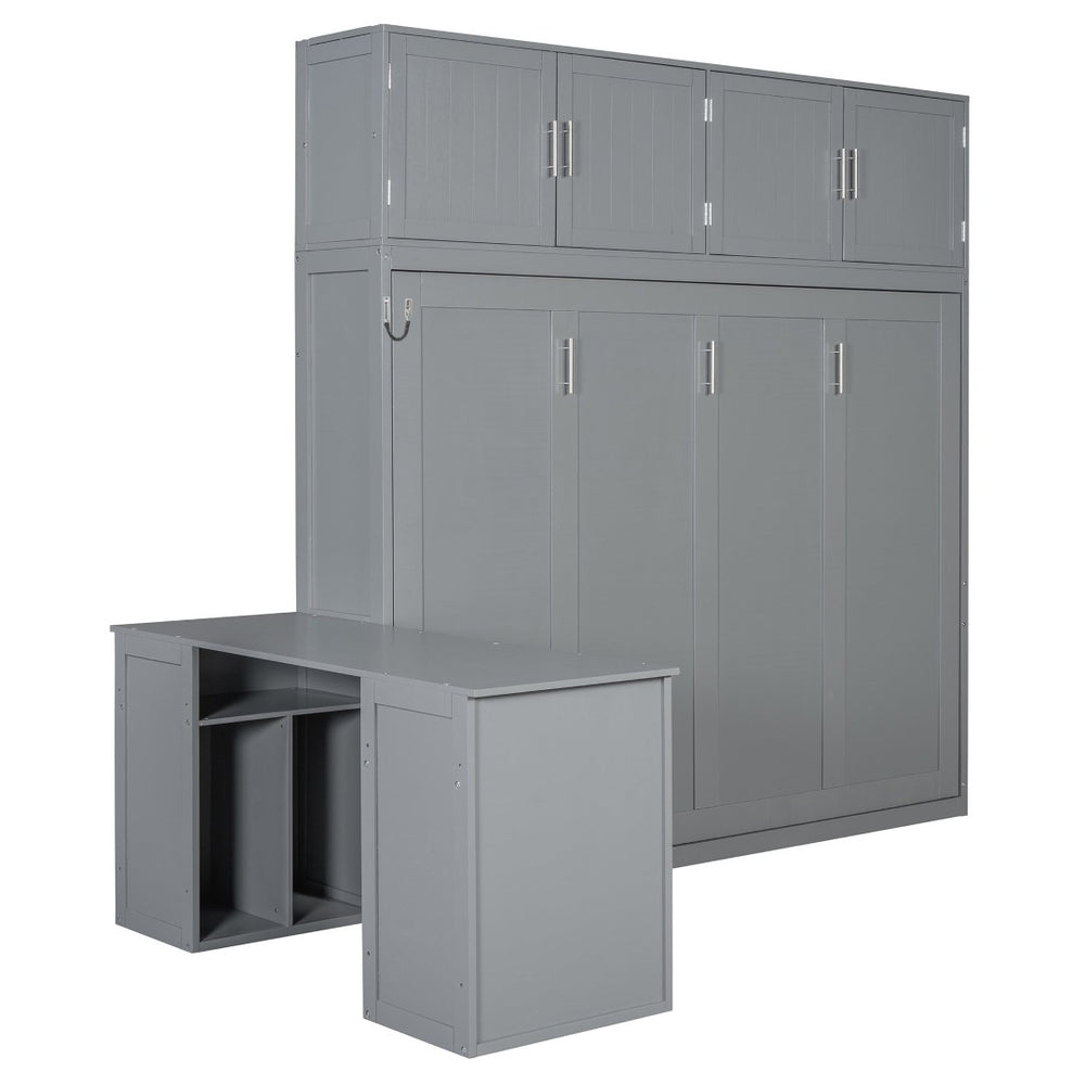 English Elm Queen Size Wall Murphy Bed With Desk, Storage Cabinets & Hydraulic Lift – Elegant Gray Design N820S10034E-GIGA