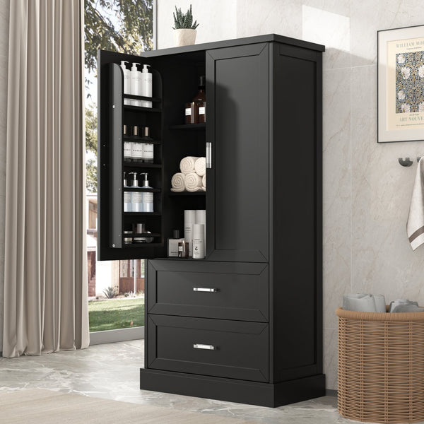 English Elm Tall Bathroom Storage Cabinet with Adjustable Shelves, Two Doors & Drawers, Space-Saving 66" Tall Black N725P178675B