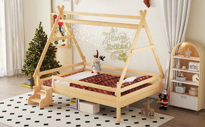 English Elm Twin House Shaped Platform Bed Solid Pine Frame with Built in Stairs for Kids Natural W1580P354721