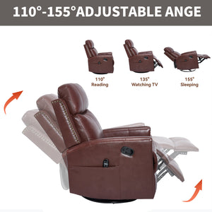 English Elm Wine Red Genuine Leather Swivel Rocker Recliner with Massage Heat for Living Room W1803P323712