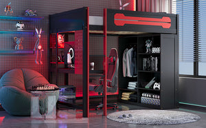 English Elm Full Size Gaming Loft Bed with Rgb Lighting Integrated Desk and Open Wardrobe N820S00073J