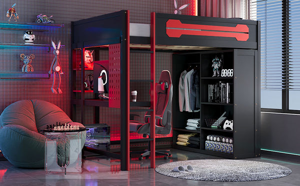 English Elm Full Size Gaming Loft Bed with Rgb Lighting Integrated Desk and Open Wardrobe N820S00073J
