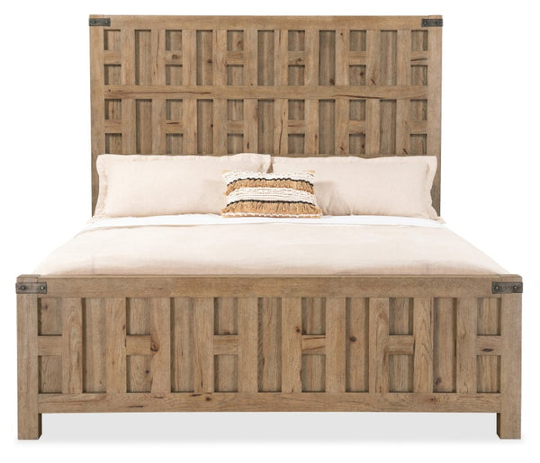 Hooker Furniture Vineyard Row Queen Panel Bed With Sonoma Pecky Hickory Finish, Fretwork & Hammered Metal Accents 88.50 L x 80.25W x 74.00H 6952-90266-80