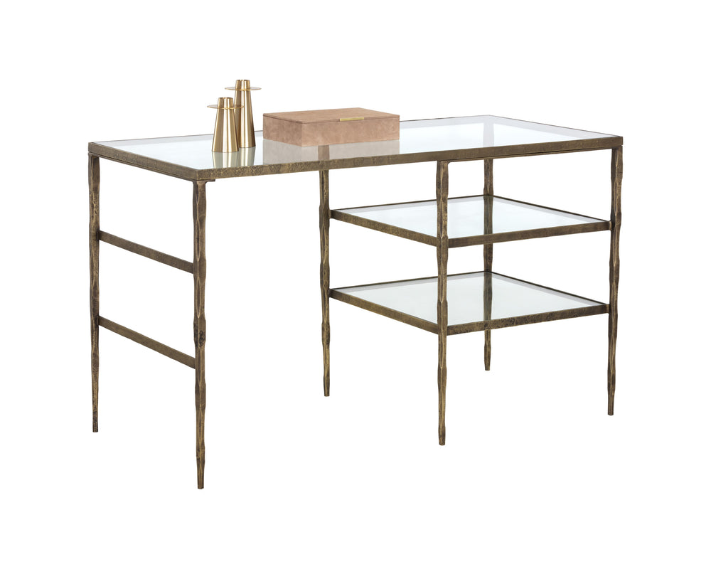 Sunpan Bruna Desk - Hand-Hammered Steel Frame with Antique Brass Finish & Clear Glass Top for Unique Style