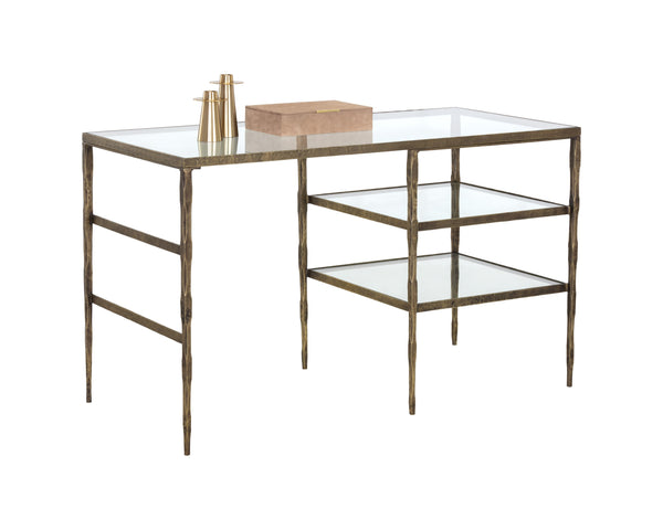 Sunpan Bruna Desk - Hand-Hammered Steel Frame with Antique Brass Finish & Clear Glass Top for Unique Style