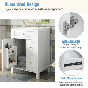 English Elm 24-Inch Bathroom Vanity with Ceramic Sink, Soft-Close Door & Drawers, Gold Handles, Durable Wood Elegance White N729P192078K